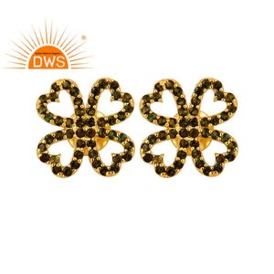 Pendientes de plata de primera ley con forma de flor para mujer, aretes pequeños, plata esterlina 925, estilo indio, turmalina verde, oro plateado - Product Image 1