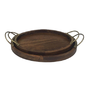 Bandeja para servir alimentos de color marrón de madera con asas de metal Juego de dos bandejas de postre en forma hexagonal a bajo precio - Product Image 5