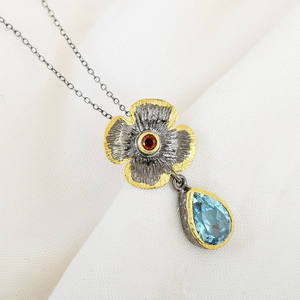 Topacio azul natural y piedras preciosas granate colgante 925 Collar chapado en oro de plata último diseño rodio joyería fina - Product Image 2