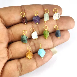 Semi Precious Raw Gemstone Charms, Gold Vermeil Wire Wrapped Pendant For Earring and Necklace