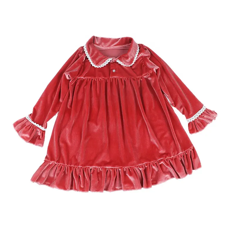 wholesale baby girl 3 year old girl dress coral velvet dress with lace casual nightgown kids wears girls night dresses