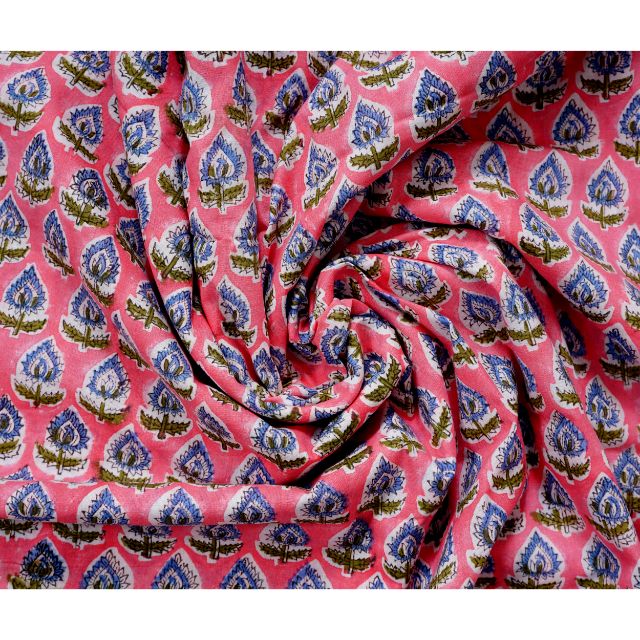 Tissu Indien Sanganeri Imprimé Main – Coton 100%, Imprimé Végétal Et Animal, Au Mètre