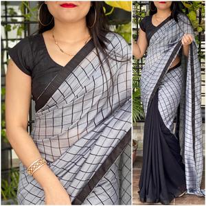 Nouvelle couleur blanche rose dentelle bordure Georgette Saree avec chemisier non cousu dernier concepteur Bollywood Style Alphanumero Corporation ethnique - Product Image 5