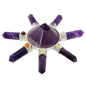 Piramida Batu Amethyst, dengan Generator Energi Titik Heksagonal, 7 Pensil Batu Permata Feng Shui Alfazal Batu Akik IN;7903232 Patung EG01