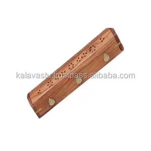 Affaires Wooden Coffin Incense Burner Hand Carved Incense Stick Cone Holder with Storage Compartment