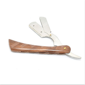 Cuchilla de afeitar de madera de acero inoxidable con borde recto plateado con material plástico para barberos - Product Image 3