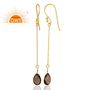 Natural Smoky Topaz Gemstone 925 Silver <b>Gold</b> Plated Threader Chain <b>Earrings</b> Manufacturer - Product Image 3