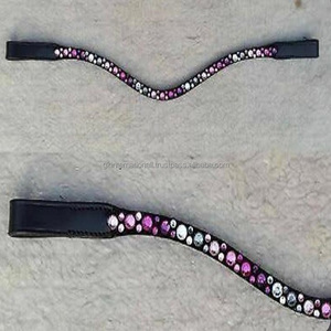 Nouvelle bande de front de cheval en cuir noir et marron de qualité supérieure de conception fantaisie en épi complet avec 1 rangée de chaîne en cristal décorative - Product Image 2