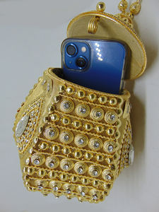 Pochette de mariage ronde unique, sac à main en métal fait à la main, entièrement perlée, en cristal et pierres, - Product Image 5