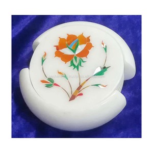 Juego de Posavasos de Mármol Blanco Natural de Alta Calidad, Forma Redonda, Diseño de Flores Incrustadas en Color Rojo, para Exportación - Product Image 1