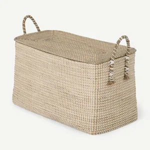 Natural Seagrass Laundry Basket for Household Use; Laundry Trunk, Grey & White Seagrass; Seagrass Baskets made in Viet Nam