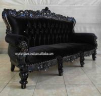 Sofás barrocos franceses de terciopelo negro para sala de estar, marco de madera, tres asientos, sofá de lujo clásico europeo con descuento al por mayor