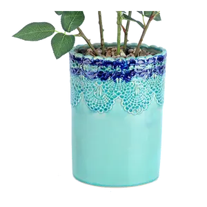 Groen/Blauw Keramische Planter Met Kunstmatige Bloemen