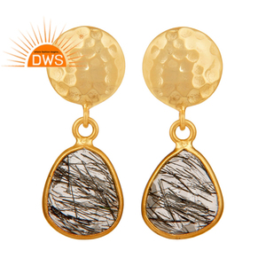 Hammered 925 Sterling Silver Earrings Black Rutile Gemstone Bezel Set Drop Earrings Wholesale Gold Plated Jewelry - Product Image 1