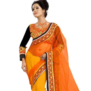 Georgette Saree Màu Cam Và Màu Xanh Với Ren Thêu Cho Trang Phục Hôn Nhân Và Tiệc Tùng Giản Dị