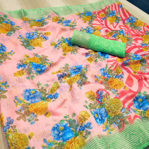 ชุดส่าหรีพิมพ์ลายเสื้อเบลาส์ที่สวยที่สุดผ้าอินเดียลูกไม้ขอบเป็นเส้นไหมที่สวยงามมากสำหรับผู้หญิงส่าหรี - Product Image 1