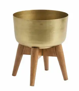 Brass Antique Round Metal Planter With Wooden Base Fully Metal Design Planters Best Floor Indoor and Outdoor Design Pots