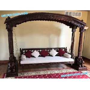 Beautiful Modern Teak <b>Wood</b> <b>Swing</b> Jhula with Roof Hand-Carved Design Customizable Size & Color Elephant Base for Home Use - Product Image 1