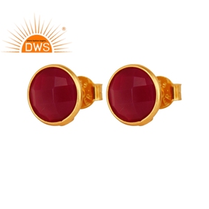 Boucles d'oreilles créoles plaquées or 18k, 1 paire de bijoux 925 en argent, accessoires de styliste, petits clous ronds en calcédoine rose, vente en gros - Product Image 1