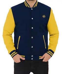 Individuelle neue Baumwolle Polyester Marine blau und gelb Varsity-Jacke für Herren mit individuellem Logo hergestellt von Huzaifa Products