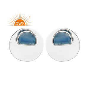 Handcrafted Newly Arrived Blue Chalcedony Gemstone <b>Earrings</b> Round Sterling Fine <b>Silver</b> <b>Stud</b> <b>Earring</b> Supplier Jewelry - Product Image 1