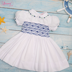 <b>White</b> Traditional Hand Smocked Casual 100% Cotton Geometric Pattern Nontoxic Flame Retardant <b>Dress</b> <b>Girls</b> 6 Months-6 Years CPSIA - Product Image 2