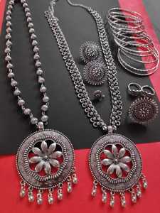 Very Beautiful German Silver 2 Piece Pendant Set With Stud , Ring , Nosepin , Toering , and 10 Pc Kada in M CREATION - Product Image 4