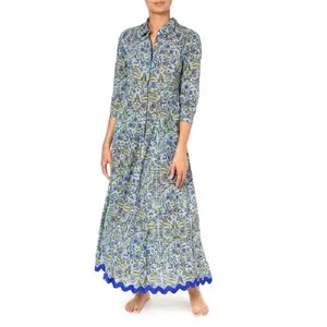 Designer Attractive New Botanical Blooms Ladies Shirt Dress With Beautiful Women Soft Vivid Cornflower Blue Print Evening Dress