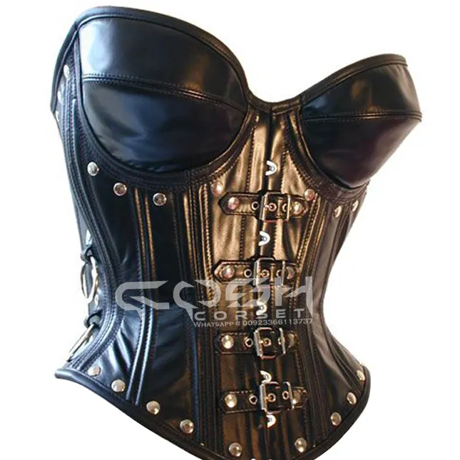 COSH CORSET Over Bust Steel Boned Genuine Black Cow Hide Leather Steampunk Gothic Corset Top With All Over studs And Buckles Top