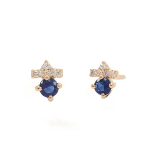 Best Quality Genuine Blue Sapphire Gemstone Pave Diamond Studs Earrings Solid 14K Yellow Gold Minimalist Jewelry