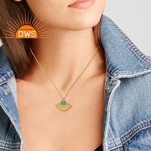 Designer Texture Silver Gold Plated Pendant Necklace Aqua Chalcedony Gemstone Necklace Jewelry Wholesale - Product Image 3