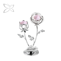 Figura Decorativa de Rosa Europea en Metal con Grabado Personalizado Crystocraft, Cristales de Corte Brillante, Colores Cromo/Rosa, Regalo para el Día de la Madre