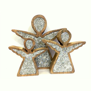 Adornos Navideños de Madera de Mango con Purpurina Plateada, Decoración Navideña Hecha a Mano de Alta Calidad, Adornos de Mesa Navideños Gruesos y Hexagonales - Product Image 3