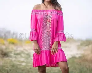 Girls Party Wear Fashionable Embroidered Cotton Tunic Top Off Shoulder With Long Sleeves Beach Cover Up Tunic Blouses