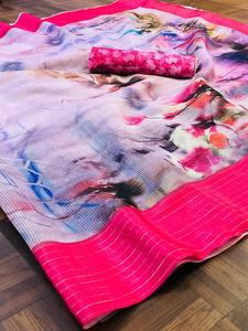 Sarees Soie Fête Porter Indien Dernier Designer Femmes Porter Sari avec Blouse Japon Satin Crape Soie Tissus Doux Impression Numérique Sari Alphanumero - Product Image 4