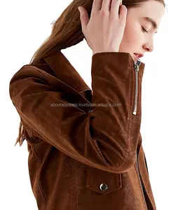 Chaqueta de cuero de ante con Cuello de piel para mujer, novedad, venta al por mayor, personalizada, para invierno - Product Image 1