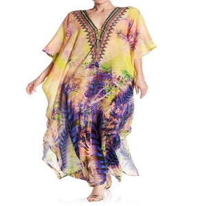 Polyester Chiffon Digital Printed <b>Kaftan</b> Casual Maxi <b>Dress</b> with Short Sleeves Natural Waistline Decorated Lace Diamonds Feathers - Product Image 1