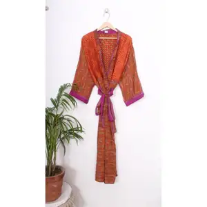 Kimono bohemio de playa para mujer, vestido de noche cruzado, traje Vintage de seda, túnica larga