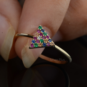 Sólido 14K Oro amarillo Natural Multi Zafiro Triángulo Anillo Joyería Fabricante - Product Image 5