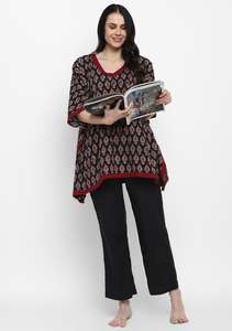 Beau caftan à fleurs noires dames bloc à la main imprimé marron passementerie 100% coton tissé longueur au sol pyjama taille naturelle - Product Image 2