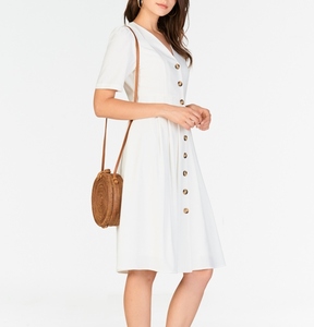 Nuevo Vestido Formal de Lino 100% Blanco, Manga Corta, Cuello en V, Largo hasta la Rodilla, Transpirable, Lavable y de Corte Holgado - Product Image 1