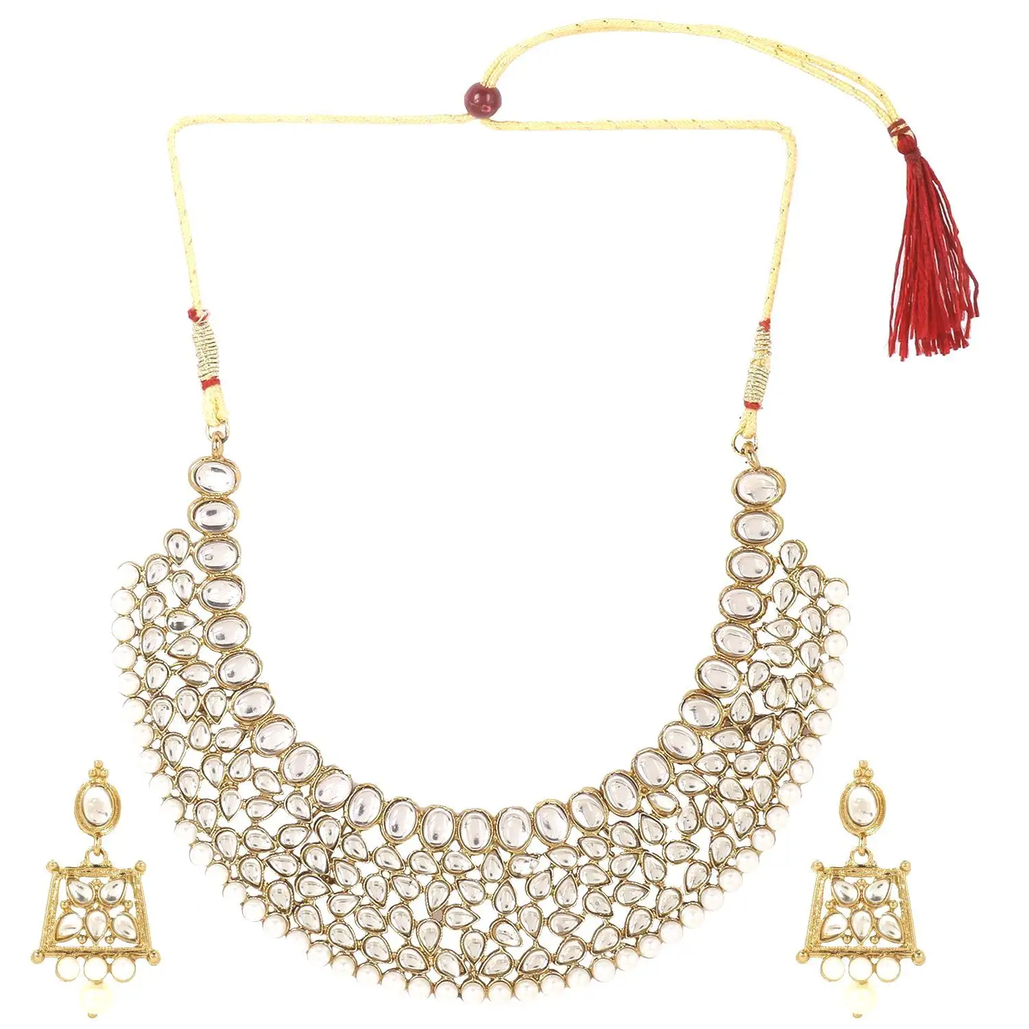 Kundan — collier et boucles d'oreilles en perles, ensemble de bijoux de mariage, ras du cou indien, plaqué or 14 K, offre spéciale