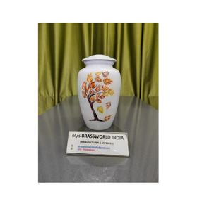 Urna de cremación de aluminio con Árbol de la vida pintada a mano única para cenizas humanas Brassworld India Suministros funerarios - Product Image 1