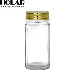 [Holar] 4oz Empty Glass Square Seasoning Containers with Shaker Lid Gold Metal Caps