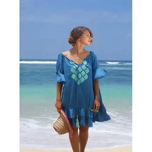 New Colour Design Best Selling Bikini Cover Up Tassel Tie Neck Aqua Blue Embroidered Bell Sleeve Sexy Beach Ruffle Bottom Tunic