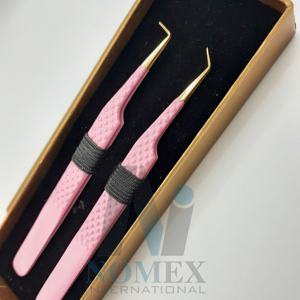 Ensemble de pinces à cils en acier inoxydable plaqué or à 90 degrés et 45 degrés, poudre rose écologique pour les soins personnels - Product Image 4