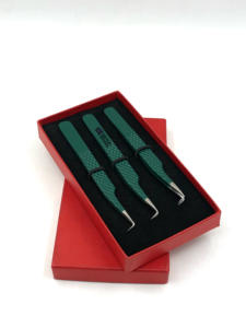 Pinzas de extensión de pestañas de acero inoxidable de 90 grados con revestimiento en polvo verde Kelly de alta calidad, instrumento de belleza con logotipo personalizado - Product Image 5