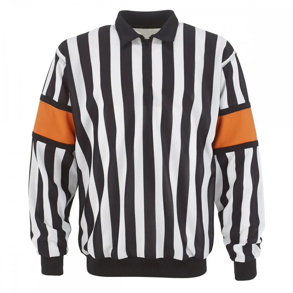 Jersey Wasit Hoki dengan Gelang Oranye, Jersey Wasit Merah Muda Lengan Panjang Sweater Seragam Wasit Hoki Es