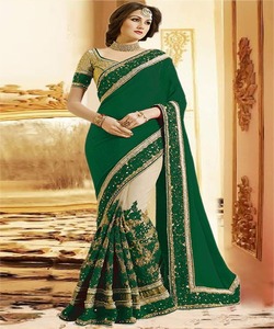 Vêtements de fête designer brodé net soie fleur design indien dames portent couleur orange saree avec chemisier pièce perle travail sari vêtement - Product Image 6