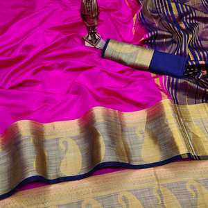 Blue <b>Pink</b> Golden Multi-Color Attractive Combination Soft Silk Banarasi Blouse Piece Saree Top with Modern Design for Wedding - Product Image 1